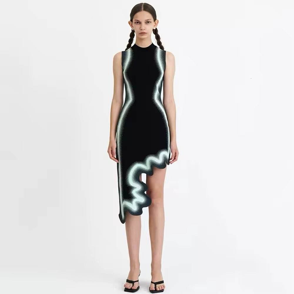 Asymmetrical Wavy Hem Round Collar Devise Tie Dyeing Printing Pink Knit Sleeveless Dress - REBECATHELABEL