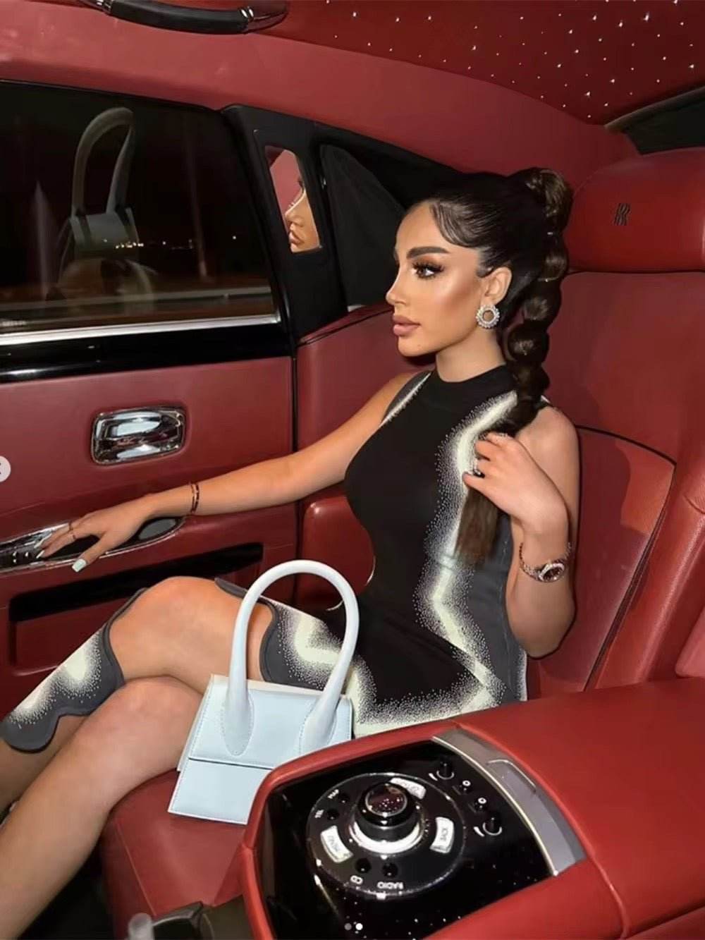 Asymmetrical Wavy Hem Round Collar Devise Tie Dyeing Printing Pink Knit Sleeveless Dress - REBECATHELABEL