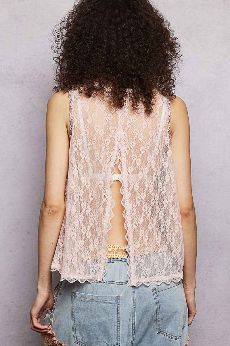 POL Printed Woven Lace Back Round Neck Sleeveless Top