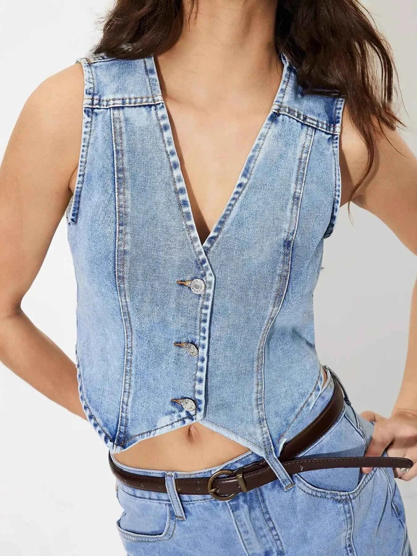 Button-Up Sleeveless Denim Vest