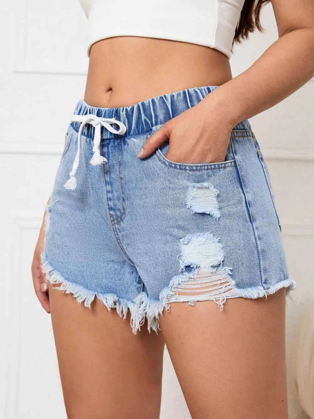 Distressed Drawstring Raw Hem Denim Shorts