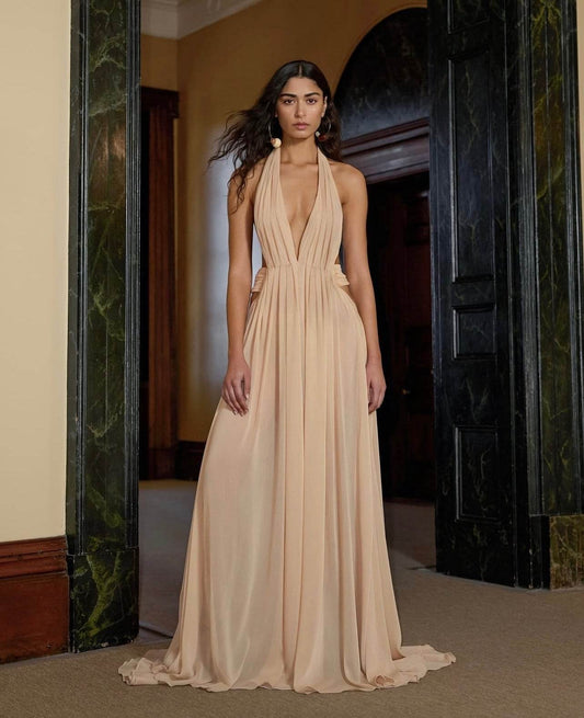 Backless Deep V-Neck Halter Apricot Red Dress - REBECATHELABEL