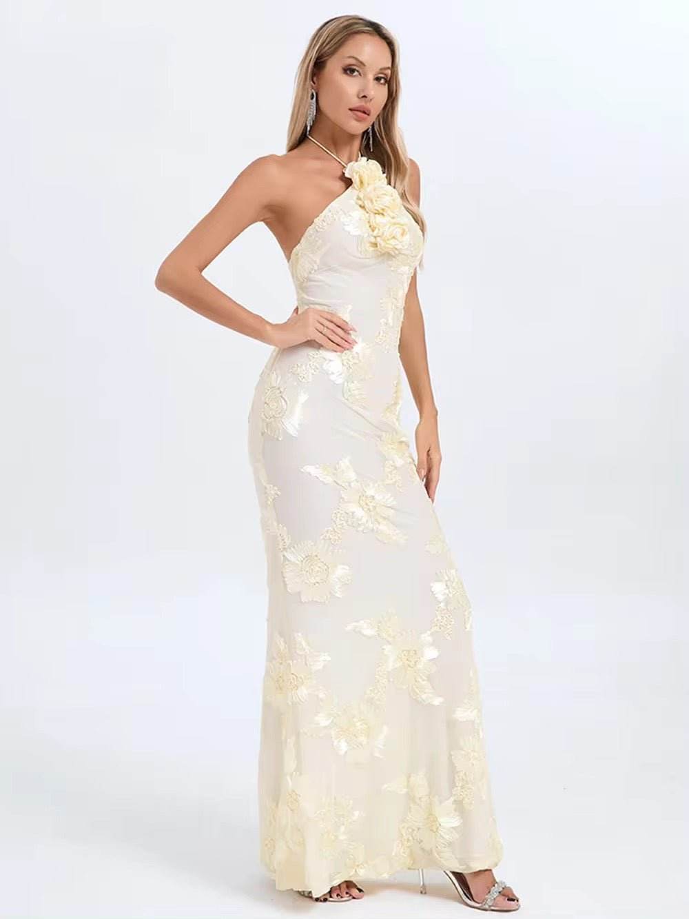 Backless Dmbroider 3D Flower Sexy Maxi Prom Party Dress - REBECATHELABEL