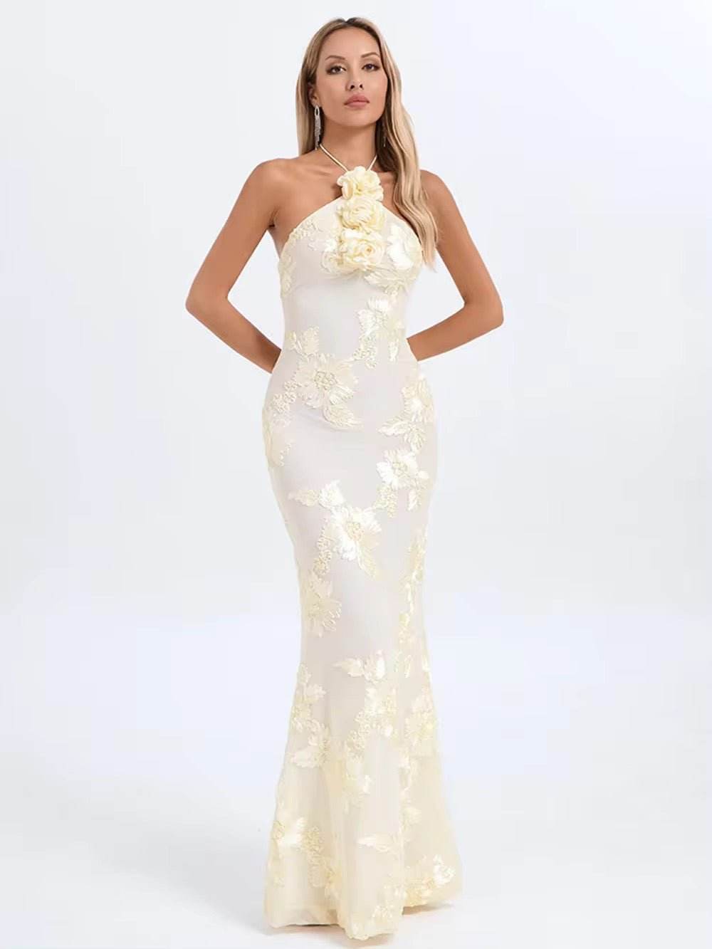 Backless Dmbroider 3D Flower Sexy Maxi Prom Party Dress - REBECATHELABEL