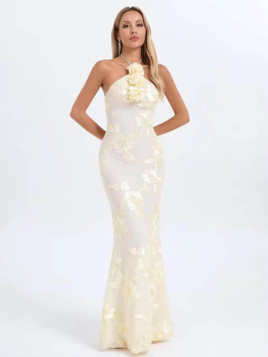 Backless Dmbroider 3D Flower Sexy Maxi Prom Party Dress - REBECATHELABEL