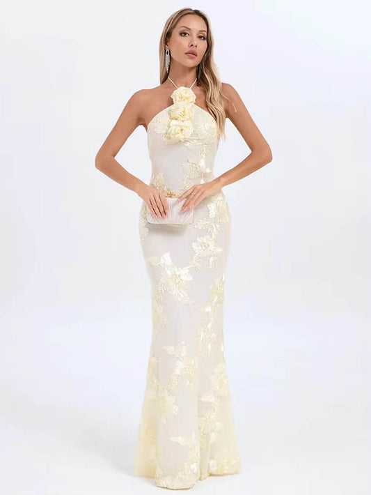 Backless Dmbroider 3D Flower Sexy Maxi Prom Party Dress - REBECATHELABEL