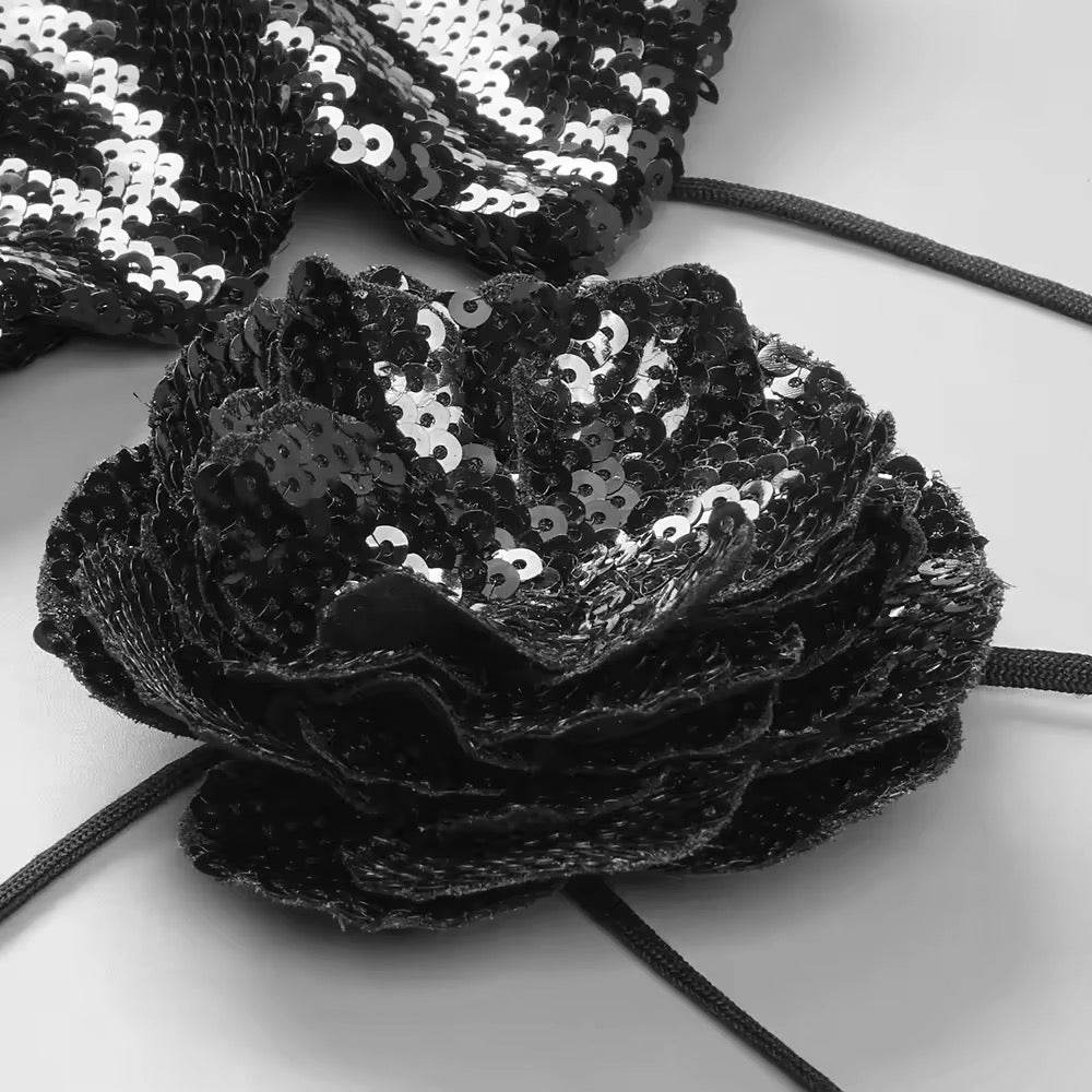 Backless Halter Black Mesh Sequins Flower Maxi Long Gowns Dress - REBECATHELABEL