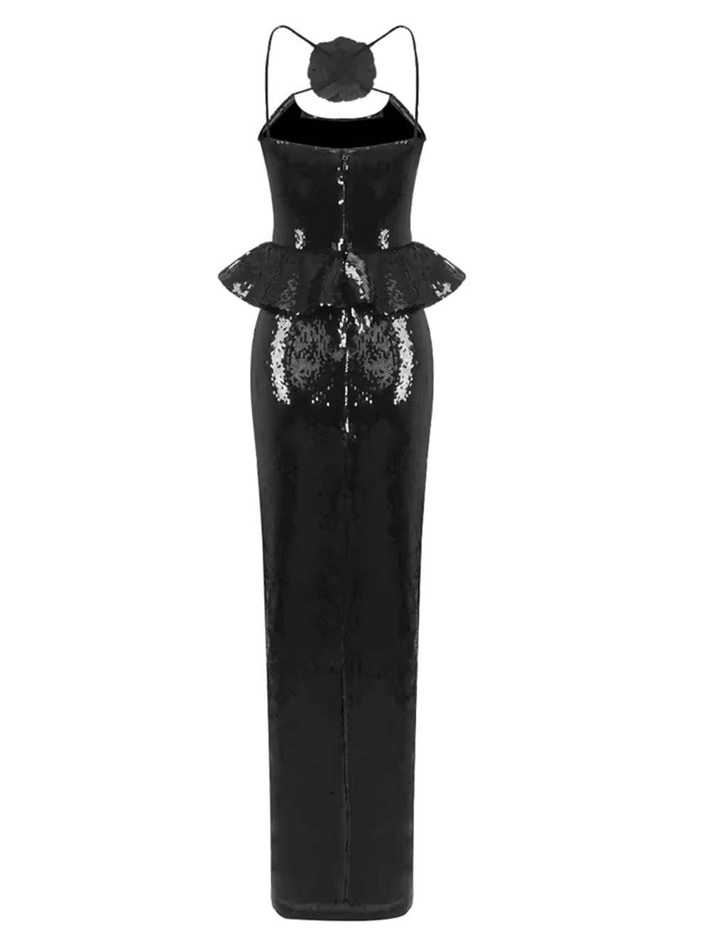 Backless Halter Black Mesh Sequins Flower Maxi Long Gowns Dress - REBECATHELABEL