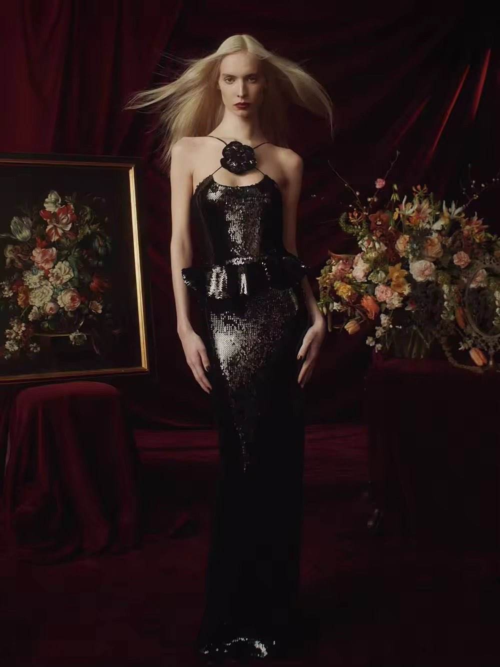 Backless Halter Black Mesh Sequins Flower Maxi Long Gowns Dress - REBECATHELABEL