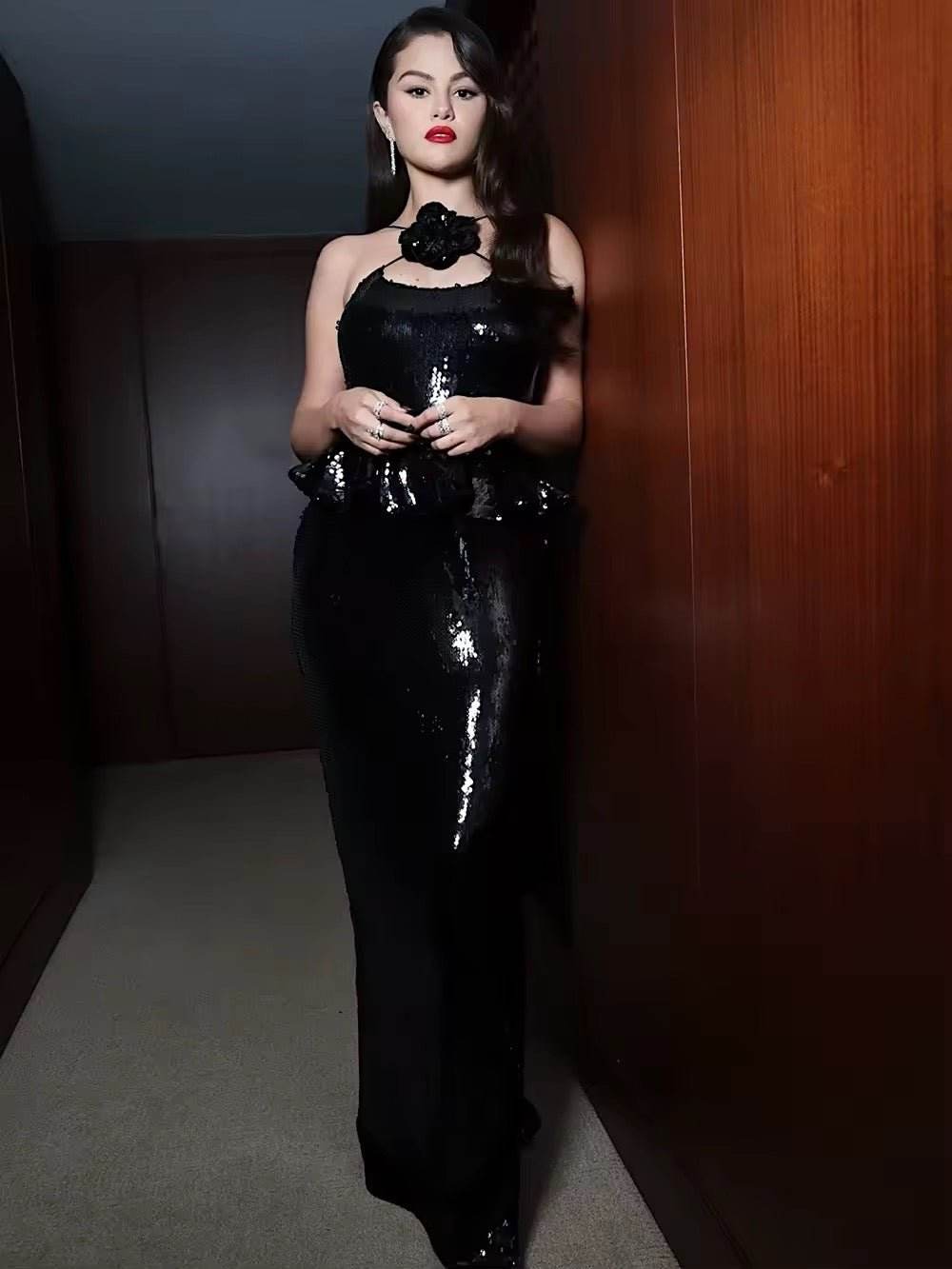 Backless Halter Black Mesh Sequins Flower Maxi Long Gowns Dress - REBECATHELABEL