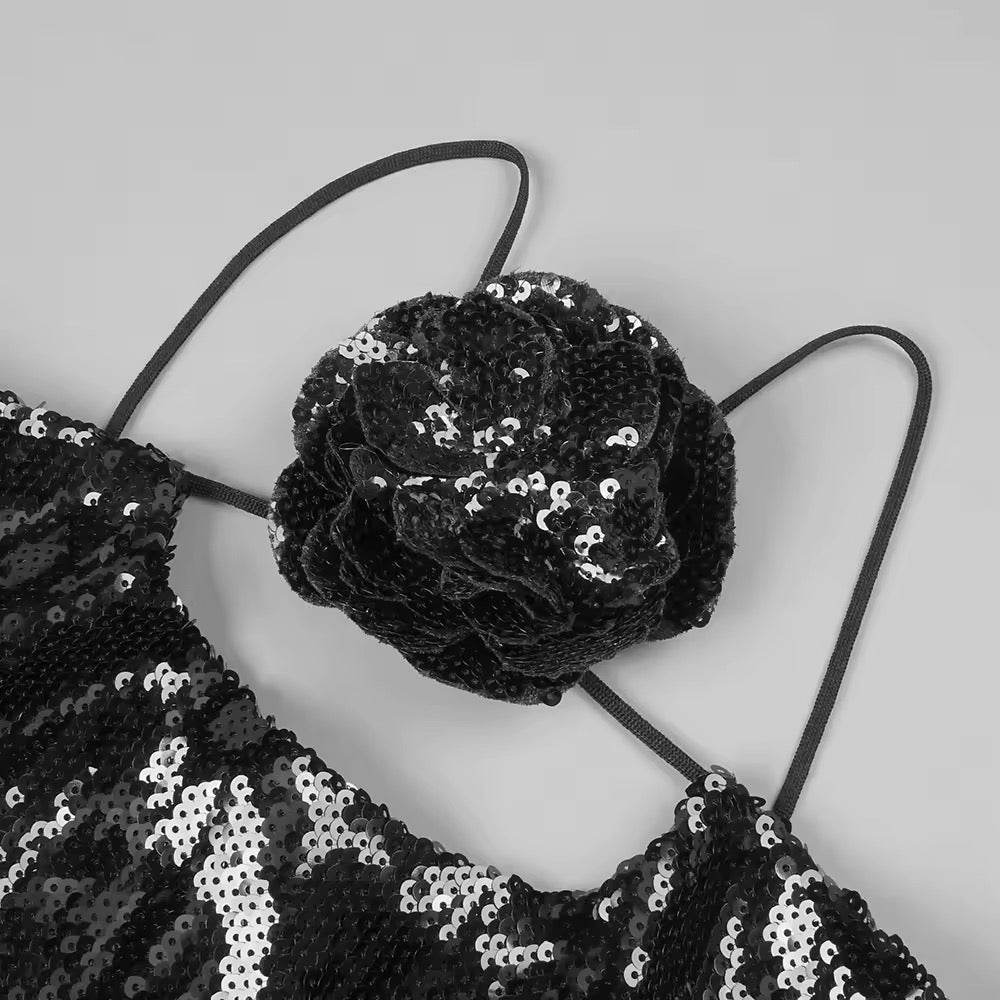 Backless Halter Black Mesh Sequins Flower Maxi Long Gowns Dress - REBECATHELABEL