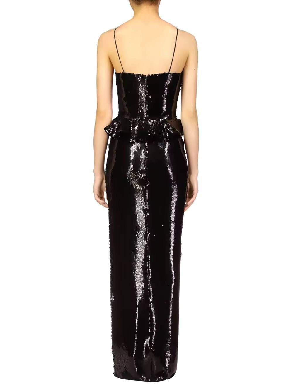 Backless Halter Black Mesh Sequins Flower Maxi Long Gowns Dress - REBECATHELABEL