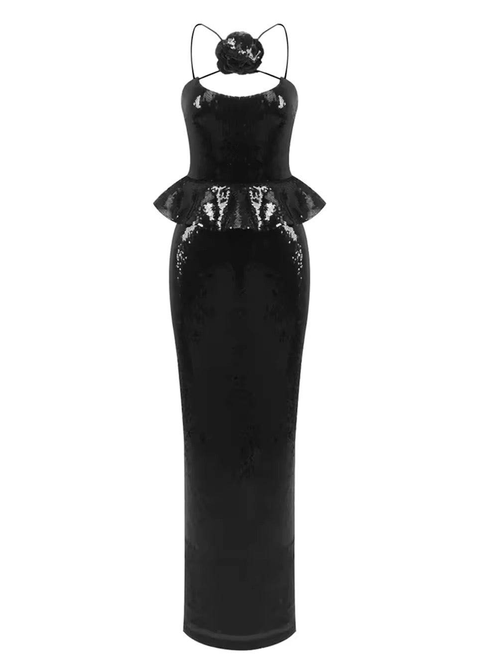 Backless Halter Black Mesh Sequins Flower Maxi Long Gowns Dress - REBECATHELABEL