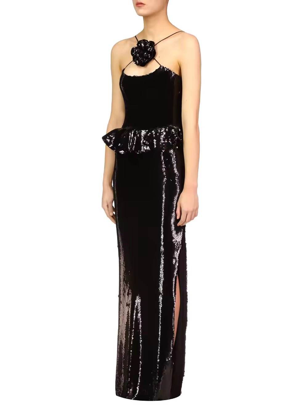 Backless Halter Black Mesh Sequins Flower Maxi Long Gowns Dress - REBECATHELABEL