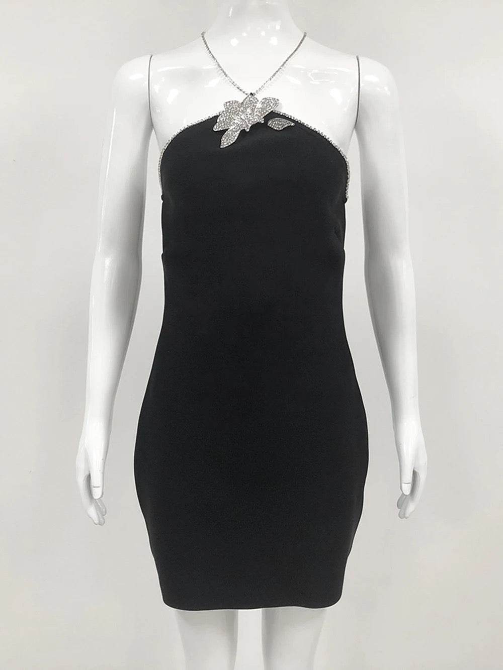 Backless Halter Neck Black Mini Bandage Dress - REBECATHELABEL