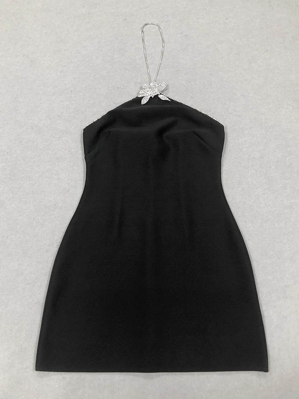 Backless Halter Neck Black Mini Bandage Dress - REBECATHELABEL