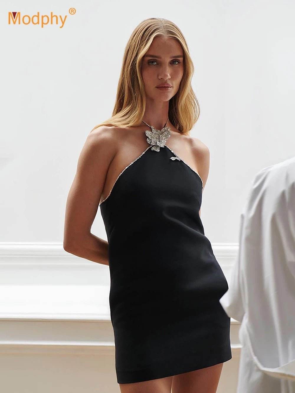 Backless Halter Neck Black Mini Bandage Dress - REBECATHELABEL