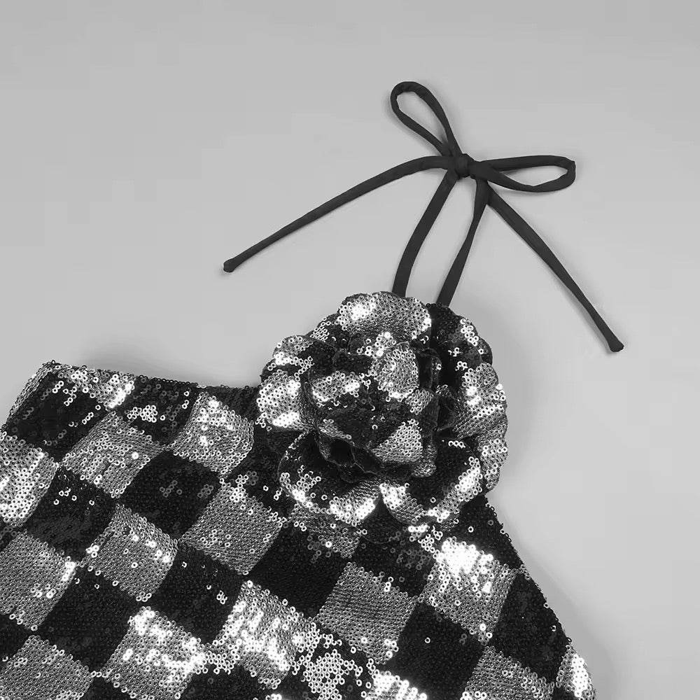 Backless Halter Plaid Sequins Maxi Long Gowns Dress - REBECATHELABEL