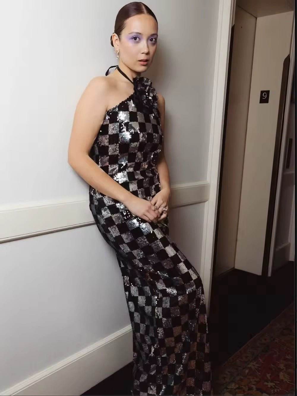 Backless Halter Plaid Sequins Maxi Long Gowns Dress - REBECATHELABEL