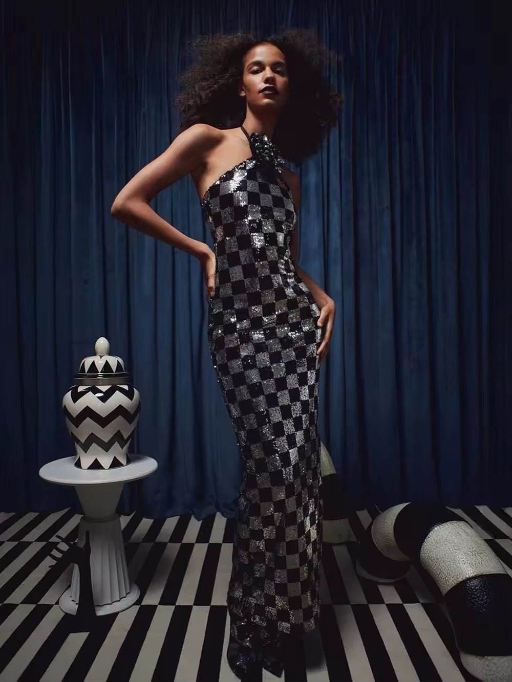 Backless Halter Plaid Sequins Maxi Long Gowns Dress - REBECATHELABEL