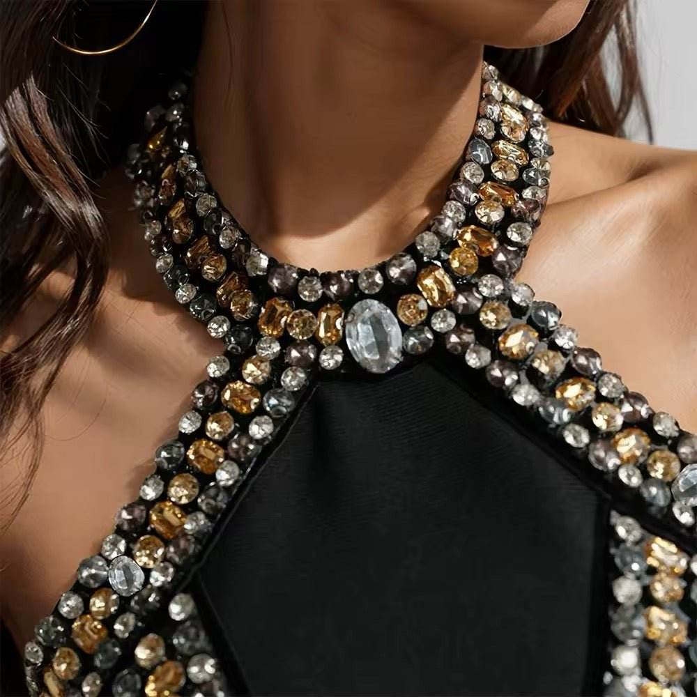 Backless Luxury Diamond Tight Knee Lengthg Bandage Dress - REBECATHELABEL