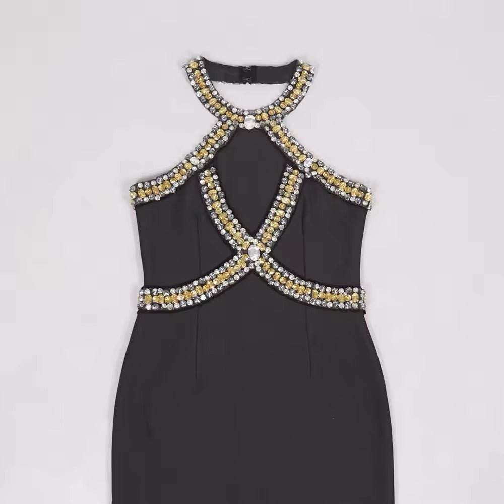 Backless Luxury Diamond Tight Knee Lengthg Bandage Dress - REBECATHELABEL