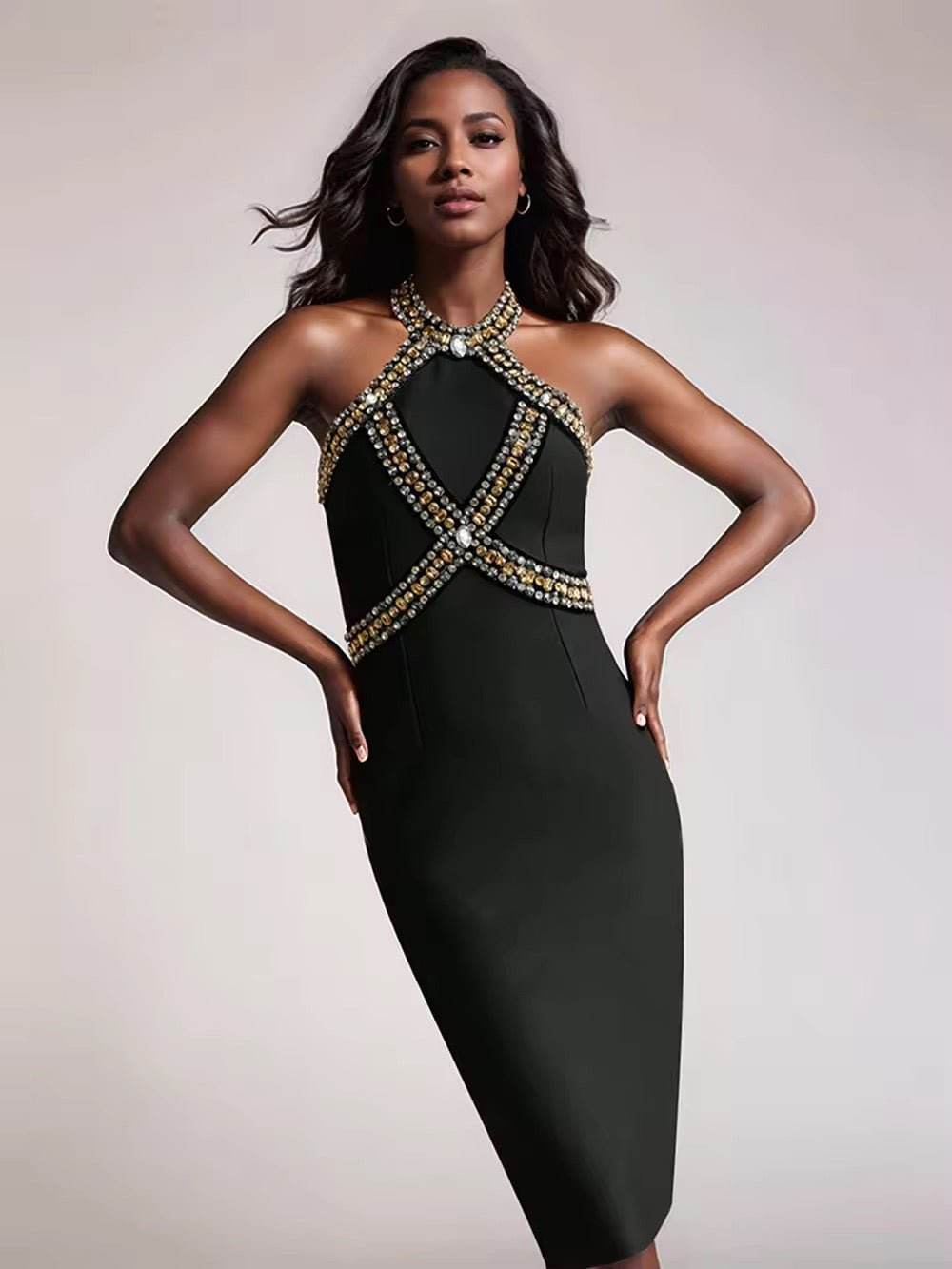 Backless Luxury Diamond Tight Knee Lengthg Bandage Dress - REBECATHELABEL