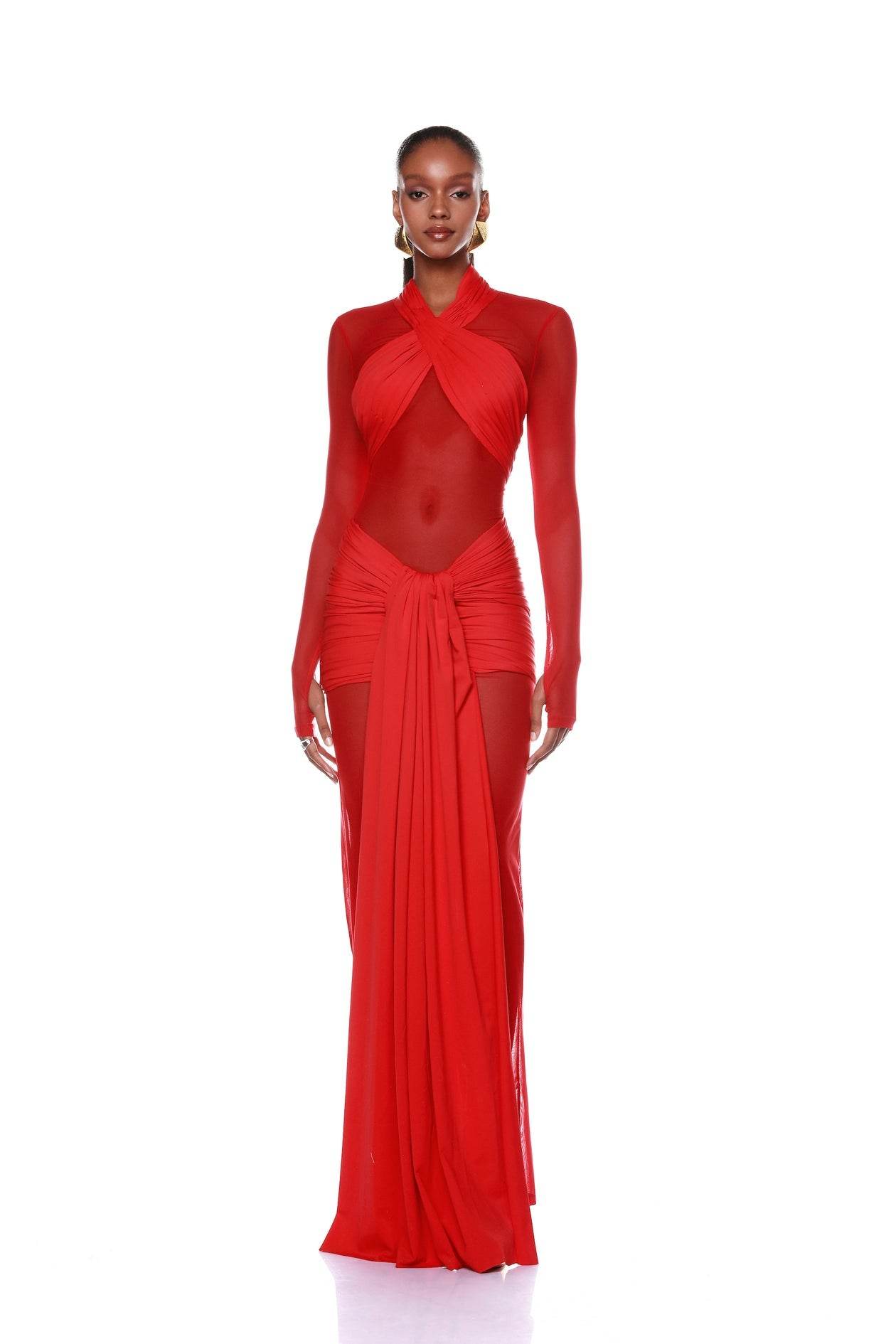 Backless Mesh Diamonds Cross Design Long Dress - REBECATHELABEL