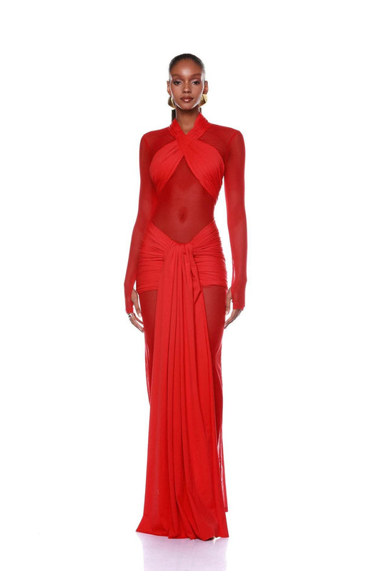 Backless Mesh Diamonds Cross Design Long Dress - REBECATHELABEL