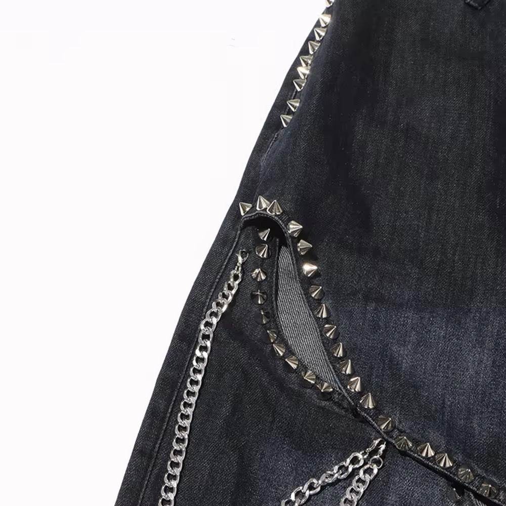 Baggy Wide Leg Rivet chain hollow out Streetwear Denim - REBECATHELABEL