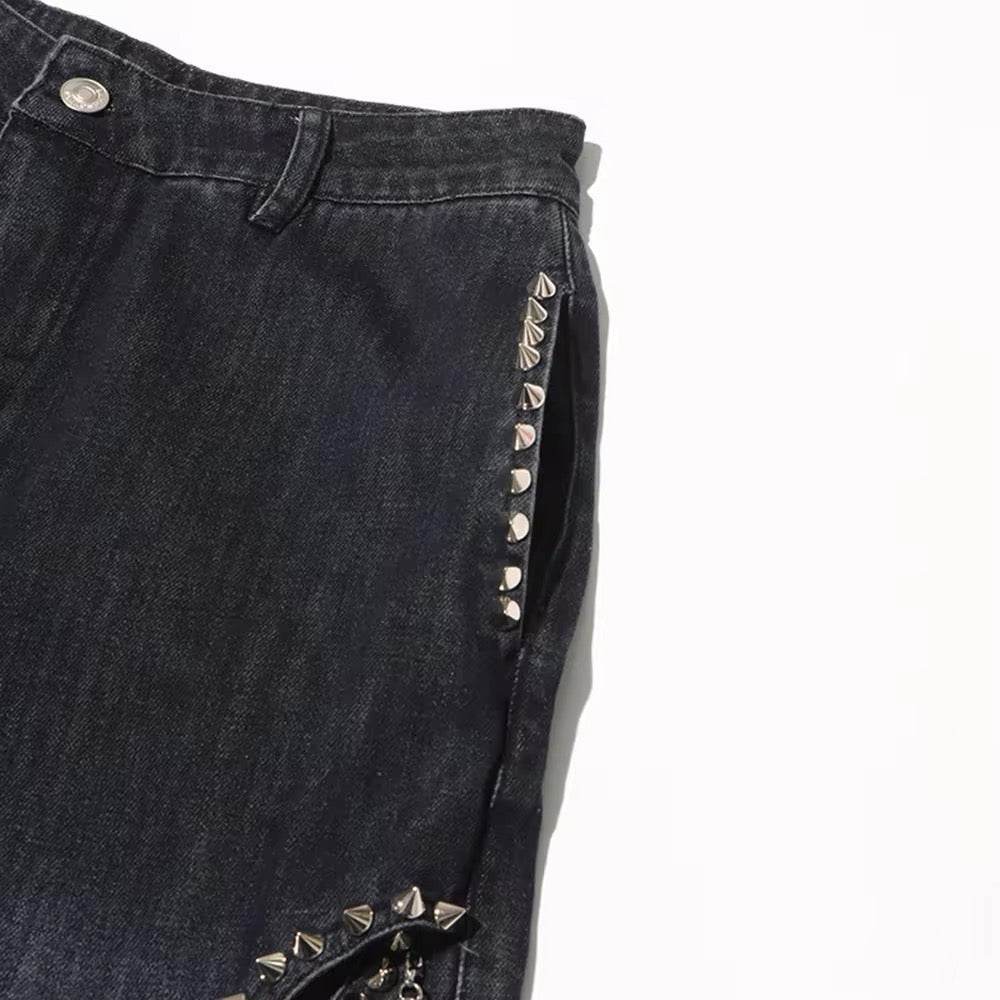 Baggy Wide Leg Rivet chain hollow out Streetwear Denim - REBECATHELABEL