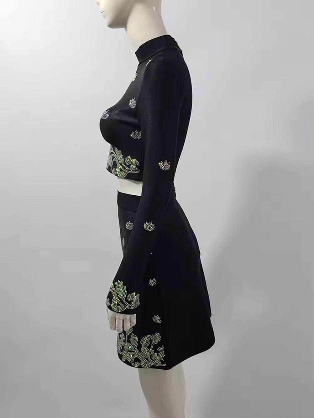 Bandage 2-Piece Sets Turtleneck Shiny Diamonds Top + Mini Skirts - REBECATHELABEL