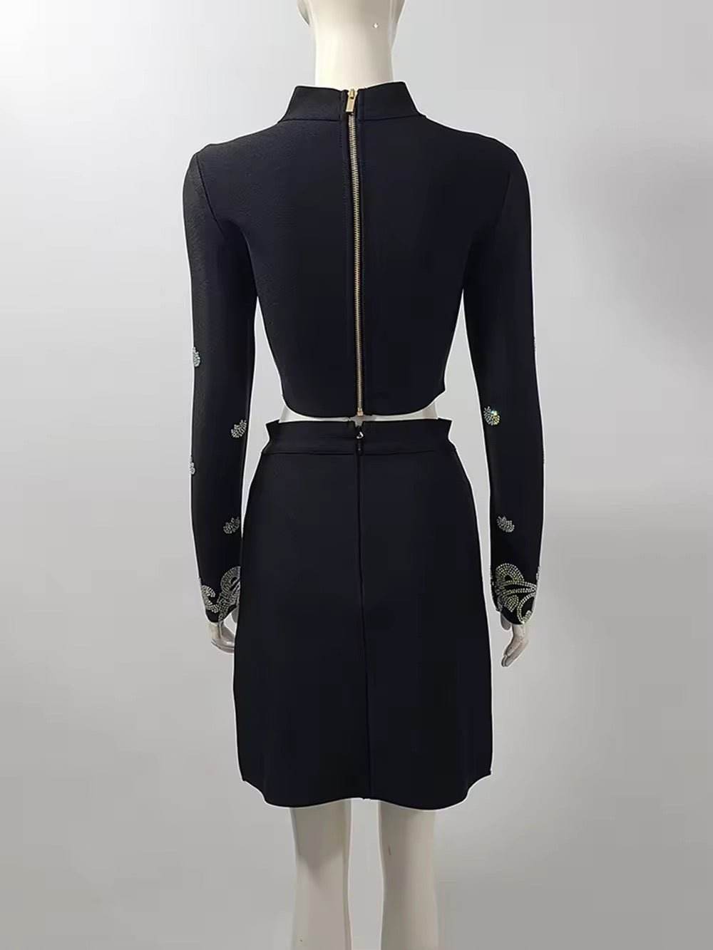 Bandage 2-Piece Sets Turtleneck Shiny Diamonds Top + Mini Skirts - REBECATHELABEL