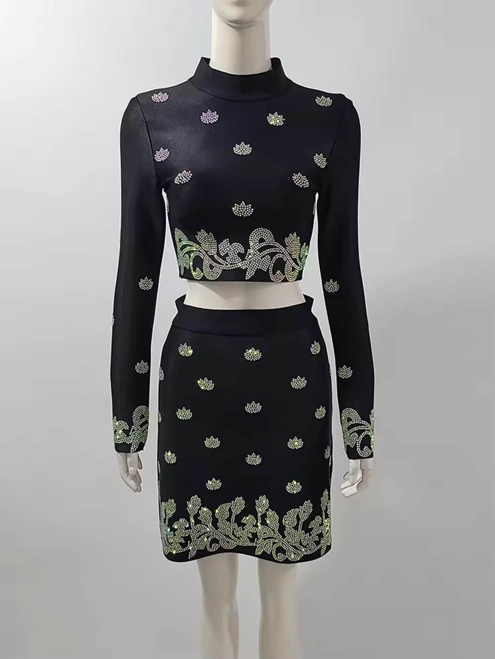 Bandage 2-Piece Sets Turtleneck Shiny Diamonds Top + Mini Skirts - REBECATHELABEL