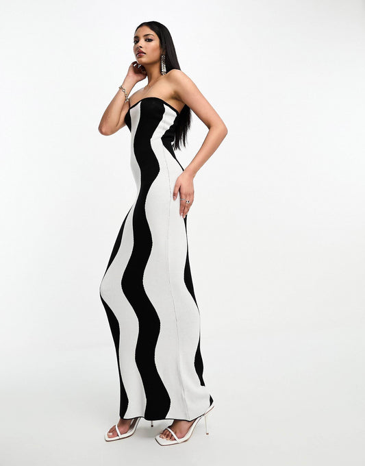 bandeau knitted maxi dress in black wave - REBECATHELABEL