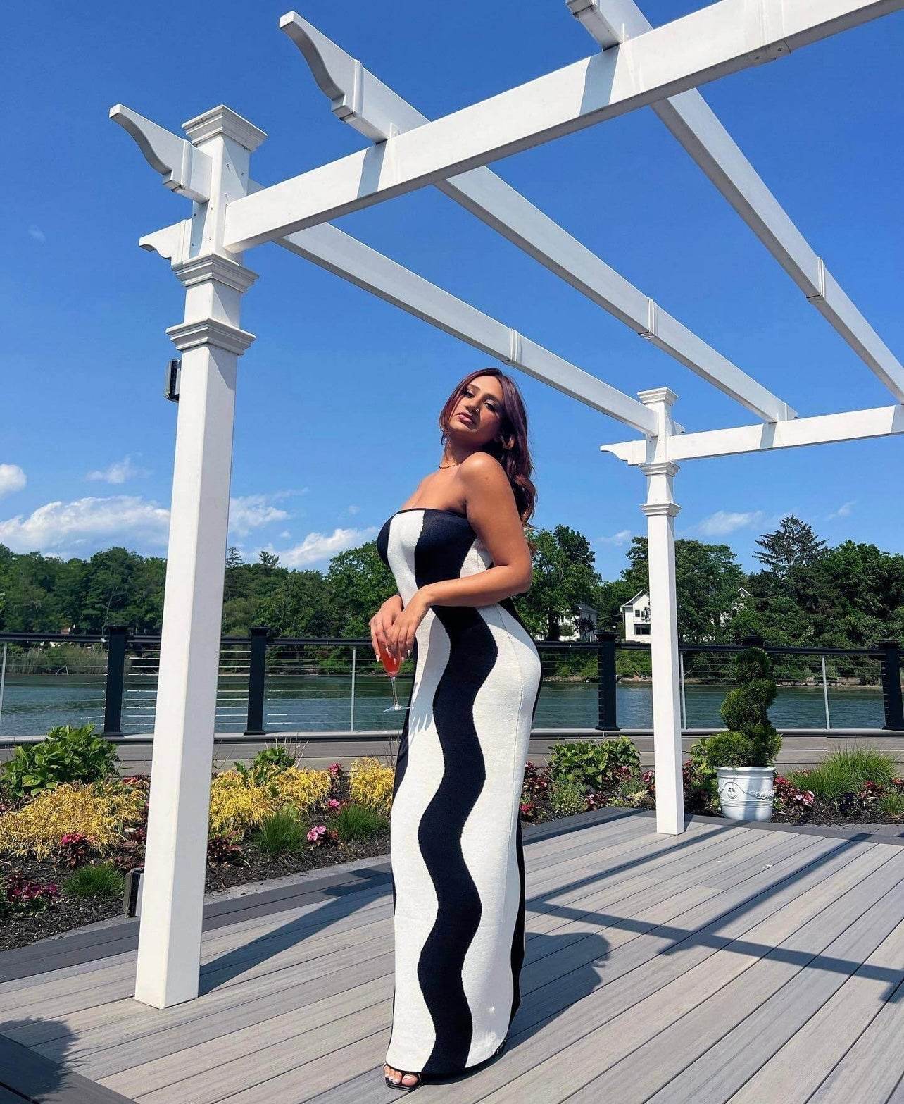 bandeau knitted maxi dress in black wave - REBECATHELABEL