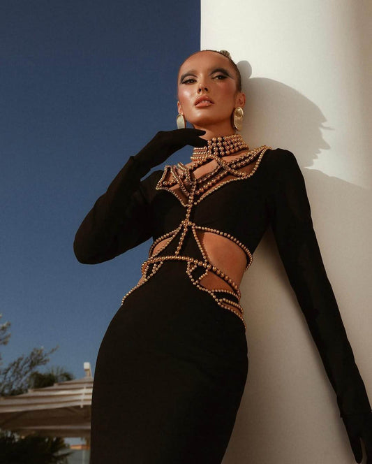Bead Hollow Long Sleeved Black Bandage Maxi Dress - REBECATHELABEL