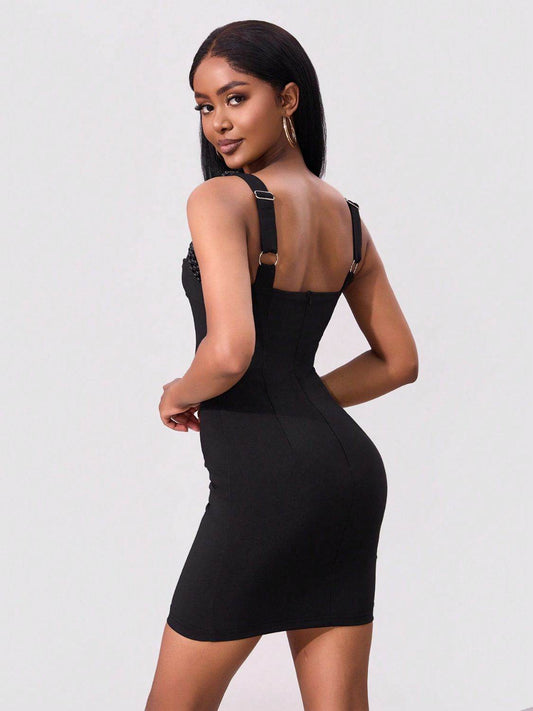 Bead Trim Wide Strap Wrap Dress - REBECATHELABEL