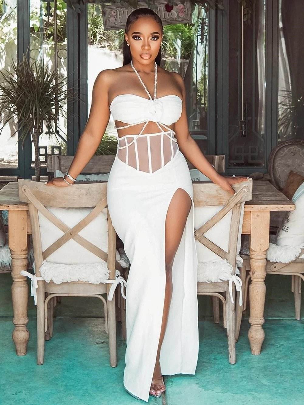 Beaded 3D Flower White Backless Patchwork Tight Split 2-piece - REBECATHELABEL