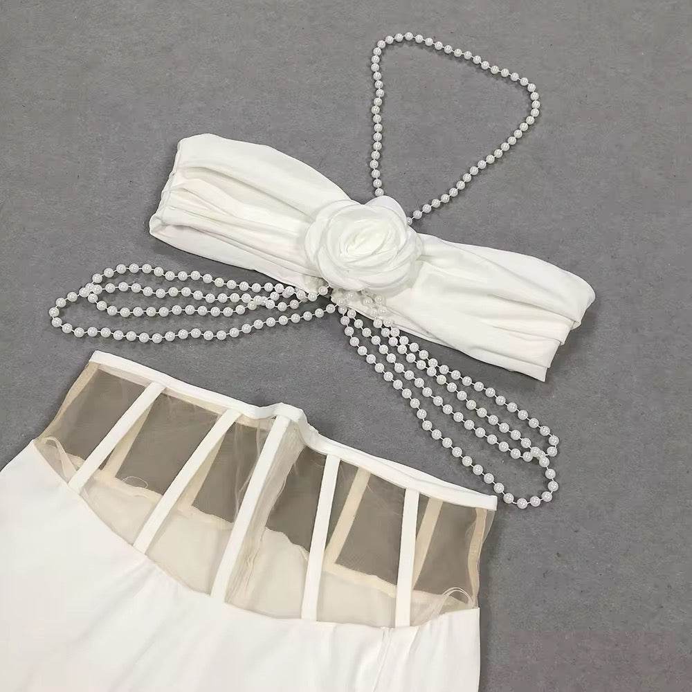 Beaded 3D Flower White Backless Patchwork Tight Split 2-piece - REBECATHELABEL