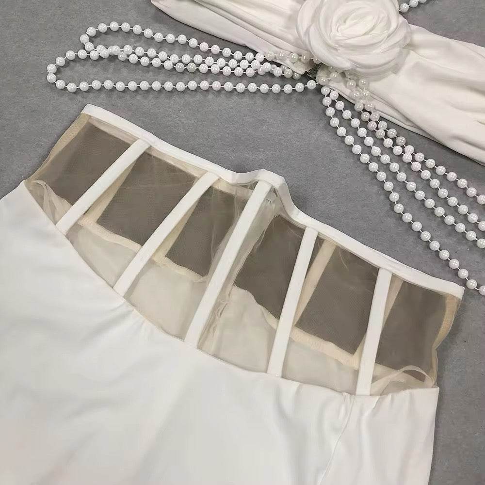 Beaded 3D Flower White Backless Patchwork Tight Split 2-piece - REBECATHELABEL