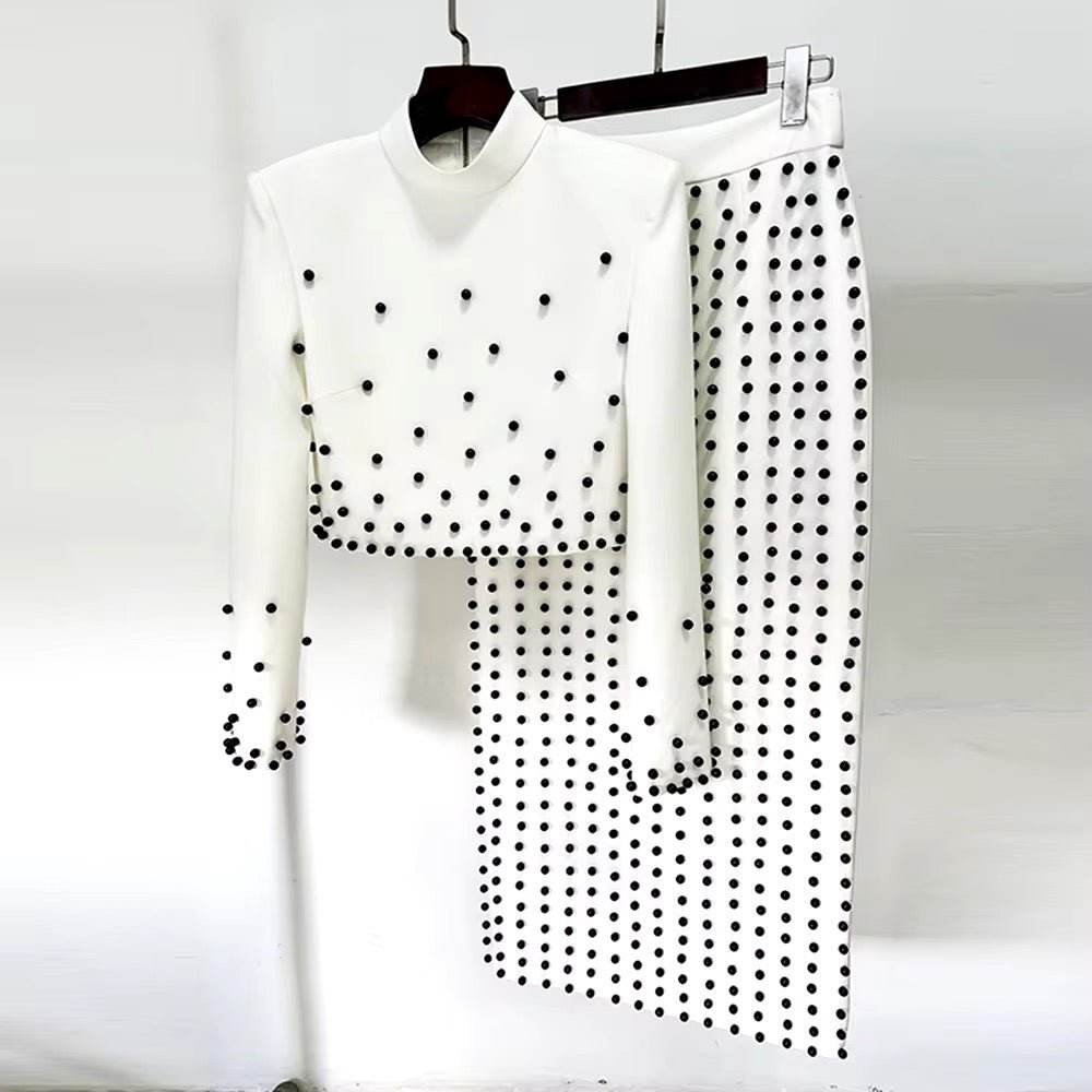 Beads Stand Collar Zip White Cropped Tops Long Skirt Set - REBECATHELABEL