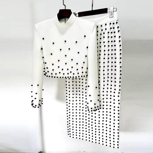 Beads Stand Collar Zip White Cropped Tops Long Skirt Set - REBECATHELABEL