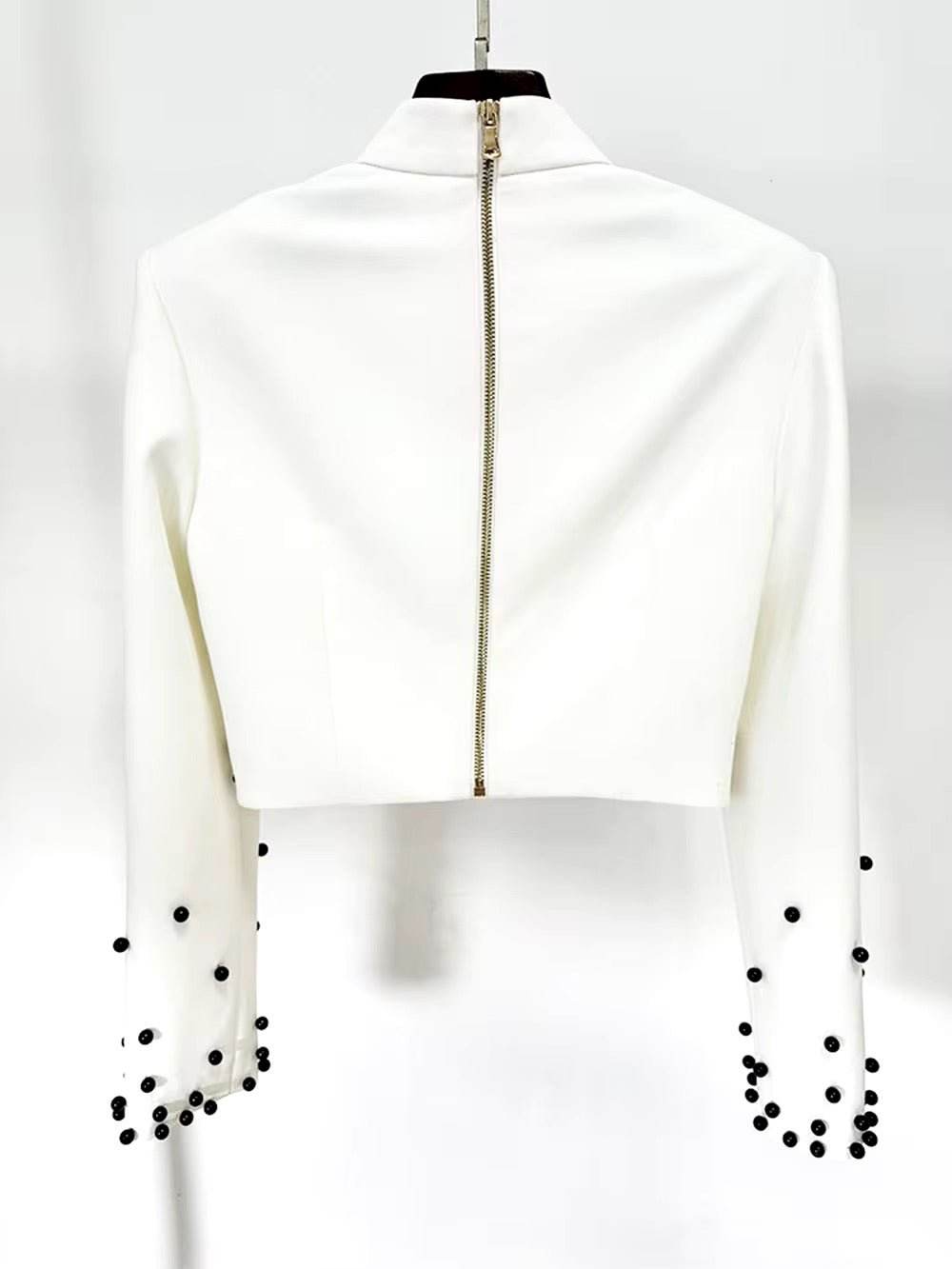 Beads Stand Collar Zip White Cropped Tops Long Skirt Set - REBECATHELABEL