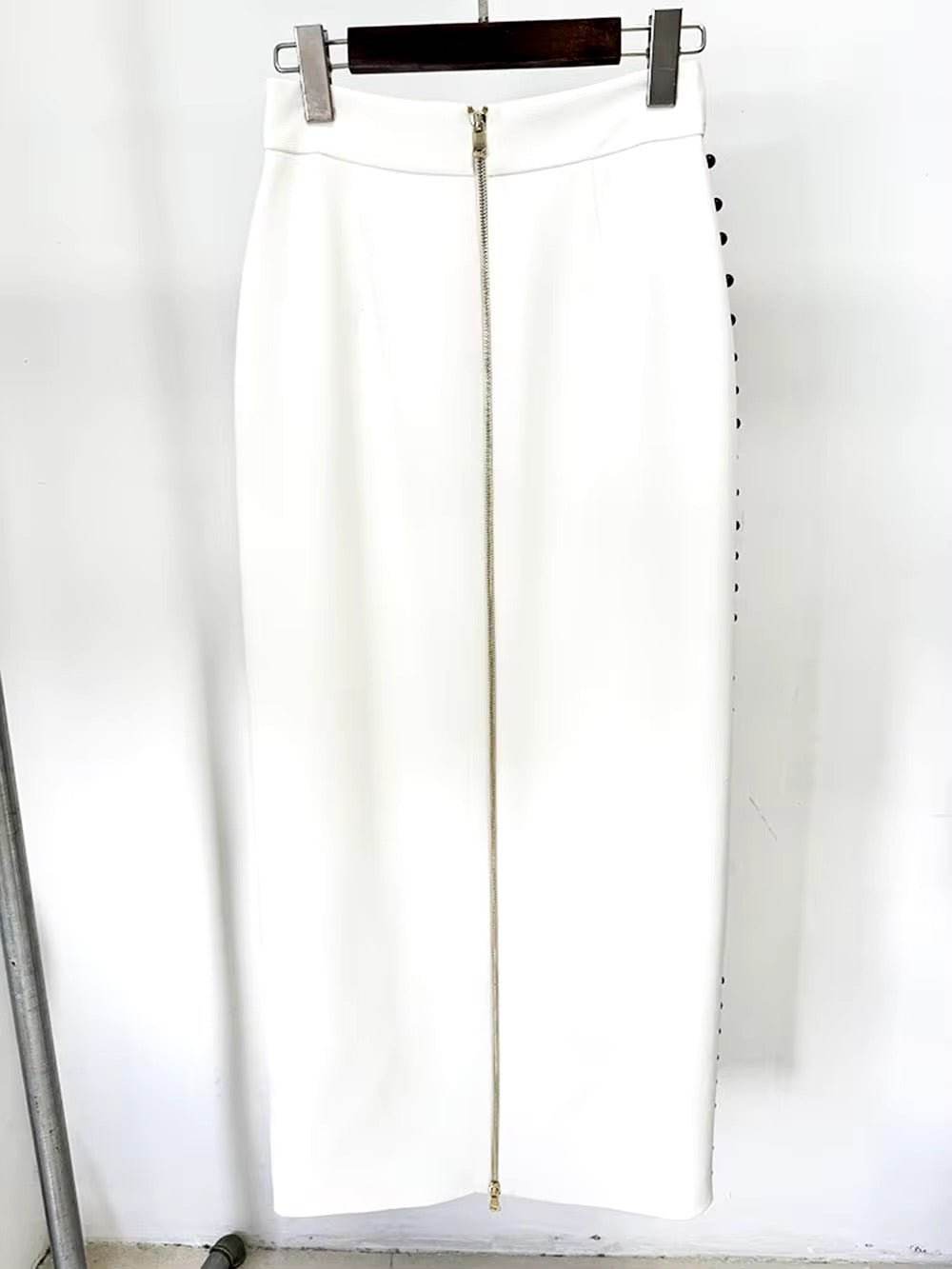 Beads Stand Collar Zip White Cropped Tops Long Skirt Set - REBECATHELABEL