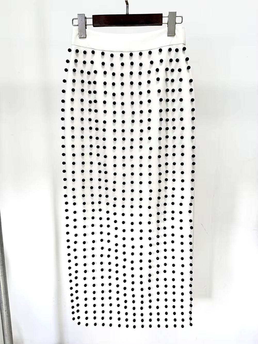 Beads Stand Collar Zip White Cropped Tops Long Skirt Set - REBECATHELABEL