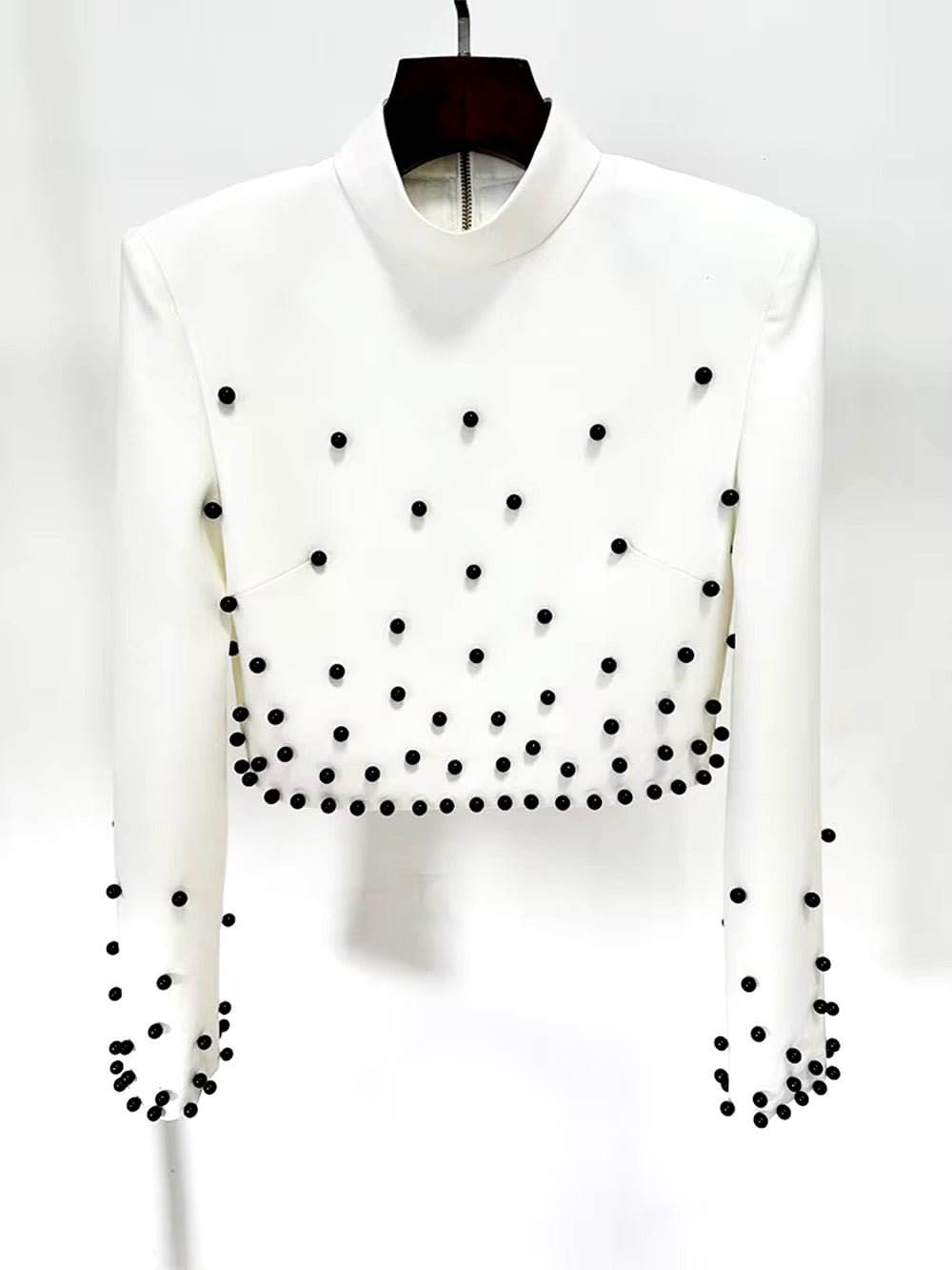 Beads Stand Collar Zip White Cropped Tops Long Skirt Set - REBECATHELABEL