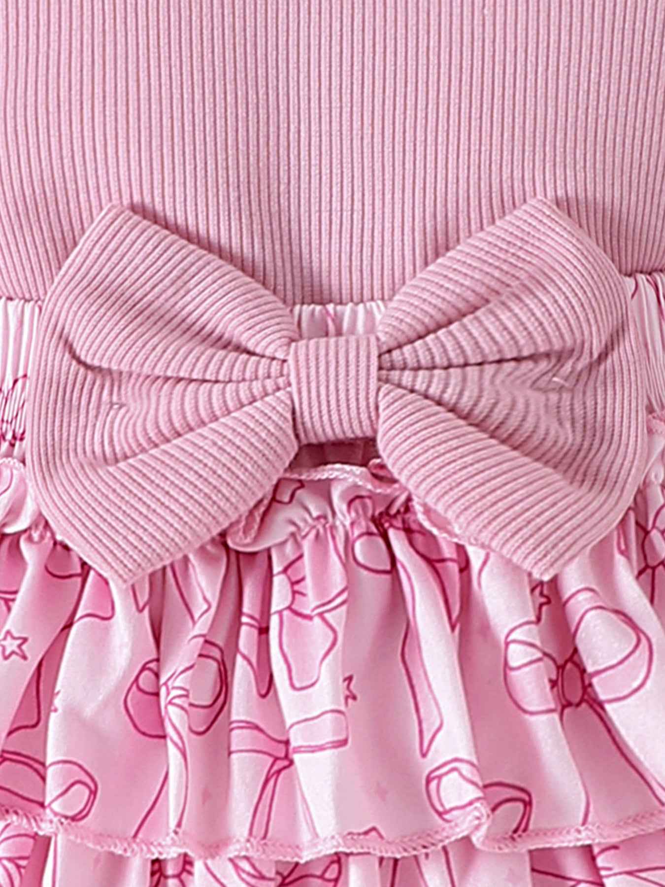 Children's Bowknot Ruffle Trim Bodysuit & Skort & Headband Set