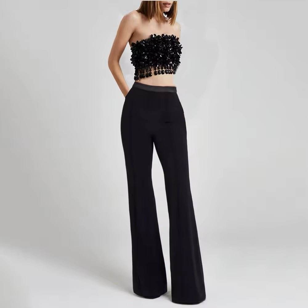 Black Bead Tassel Two Piece Pants Set - REBECATHELABEL