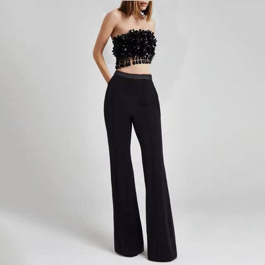 Black Bead Tassel Two Piece Pants Set - REBECATHELABEL